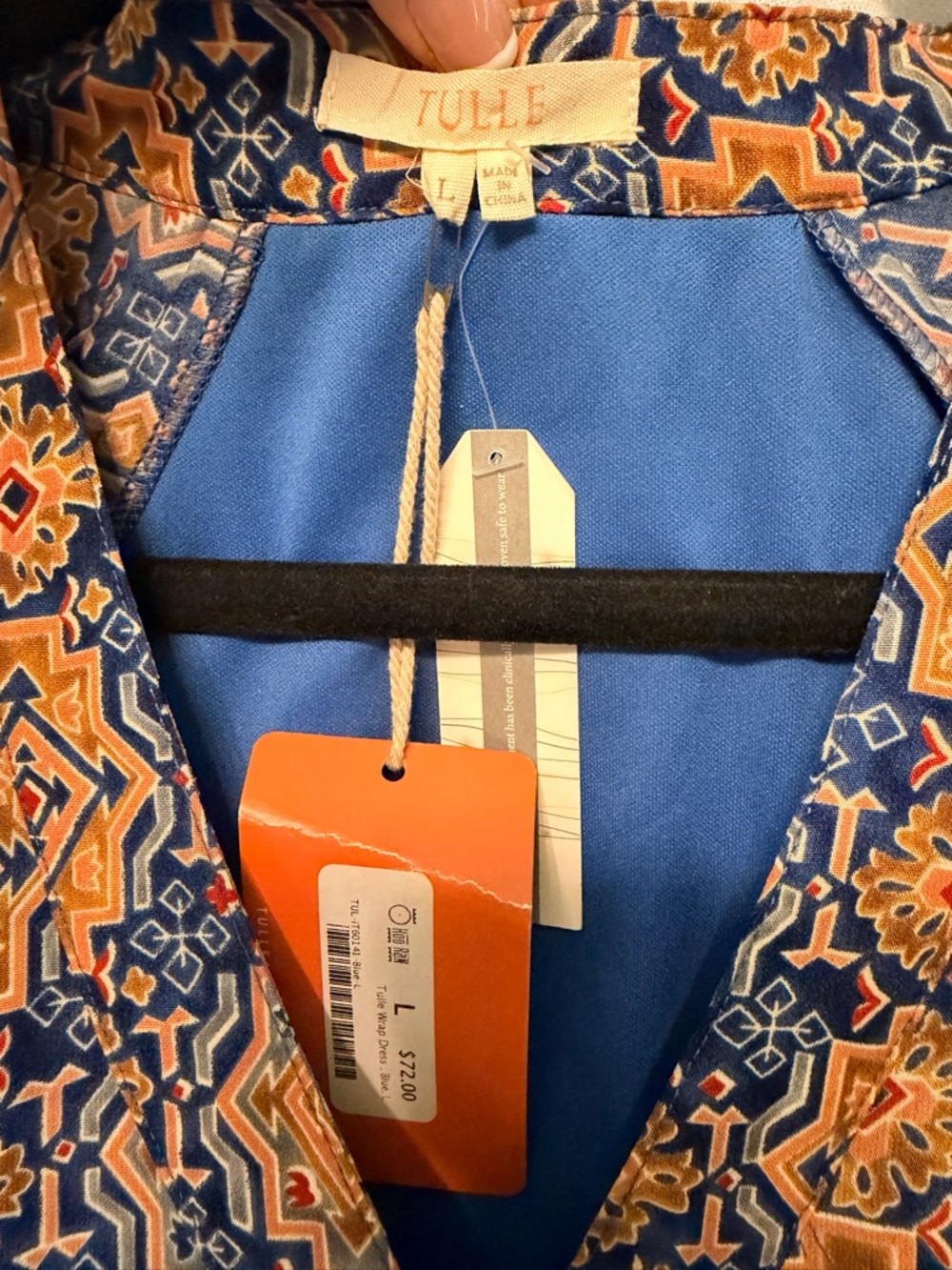 Anthropologie Tulle Women's Navy & Orange Printed V-Neck Tie-Waist Dress - Picture 3 of 11